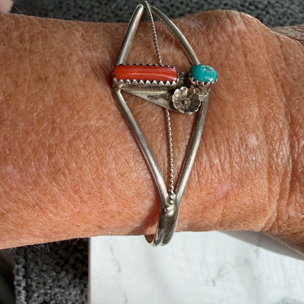 Navajo Turquoise and Coral Sterling Silver Cuff - Picture 3 of 4